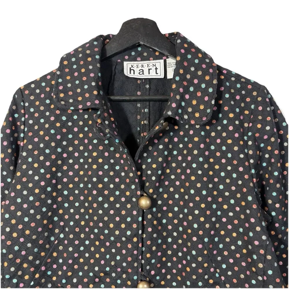 Polka Dot Jacket Black Cotton Vintage Keren Hart Medium Jewel Tone Pockets